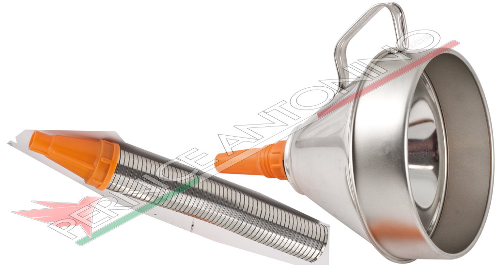 METAL FUNNEL WITH FILTER AND FLEXIBLE SHANK.