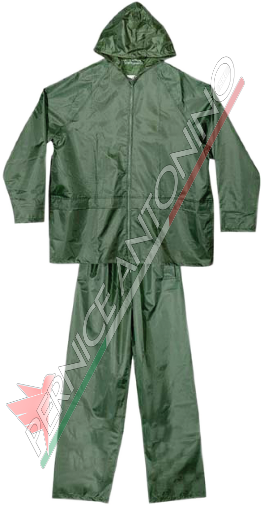 COMPLETO IMPERMEABILE GIACCA PANTALONE NYLON VERDE SPALMATO IN PVC